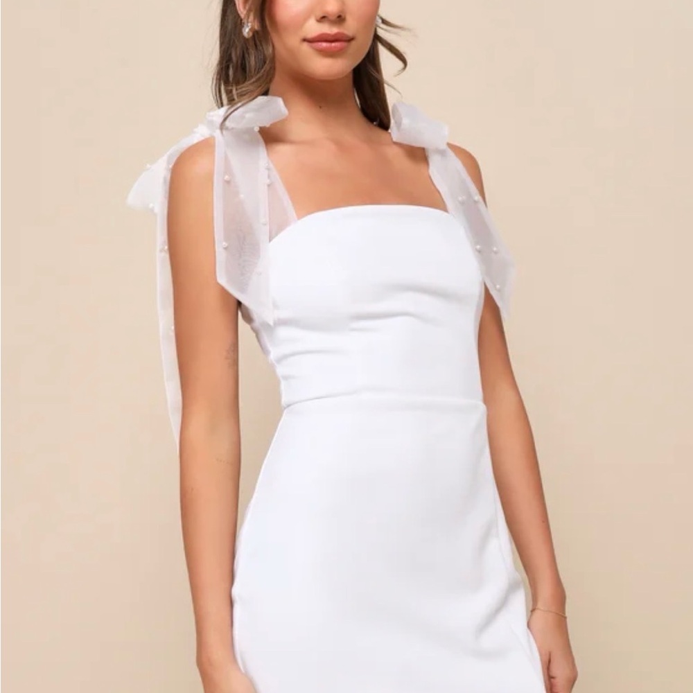 Lulu's White Mini Dress with Sheer Pearl Bow Straps